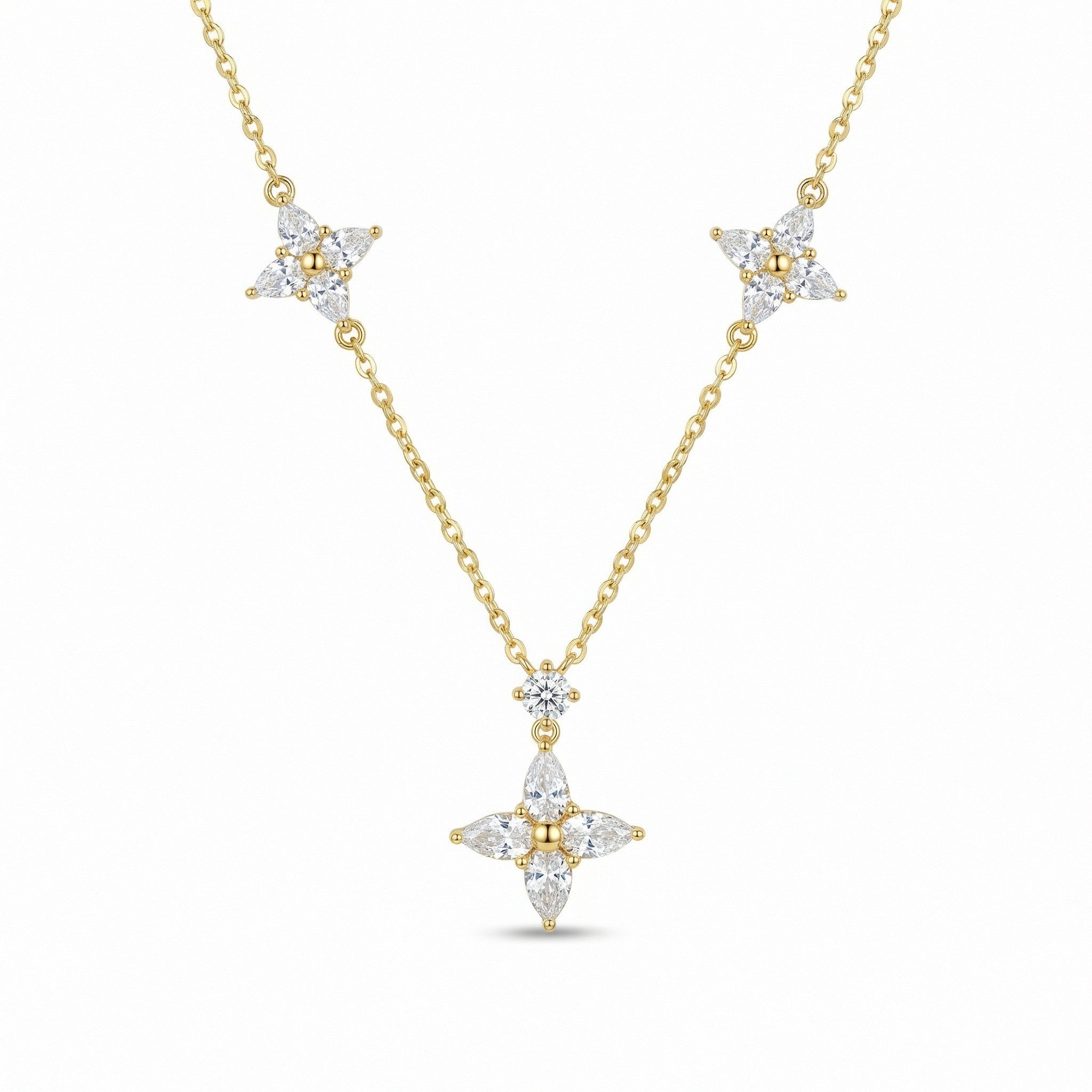 925 Sterling Silver Elegant Marquise Diamond Triple Floral Station Necklace
