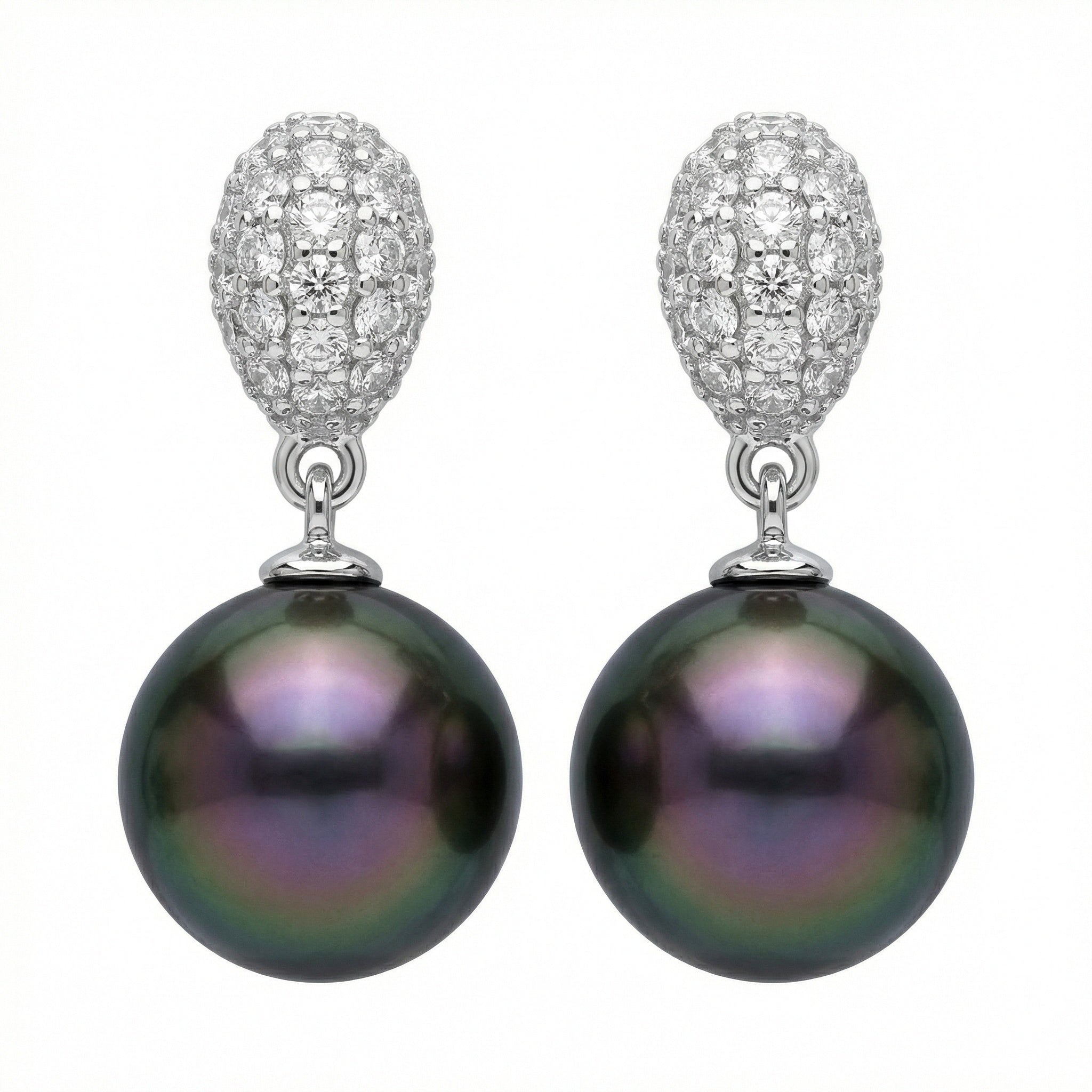 925 Sterling Silver Elegant Tahitian Cultured Pearl and Brilliant Diamond Pavé Drop Earrings