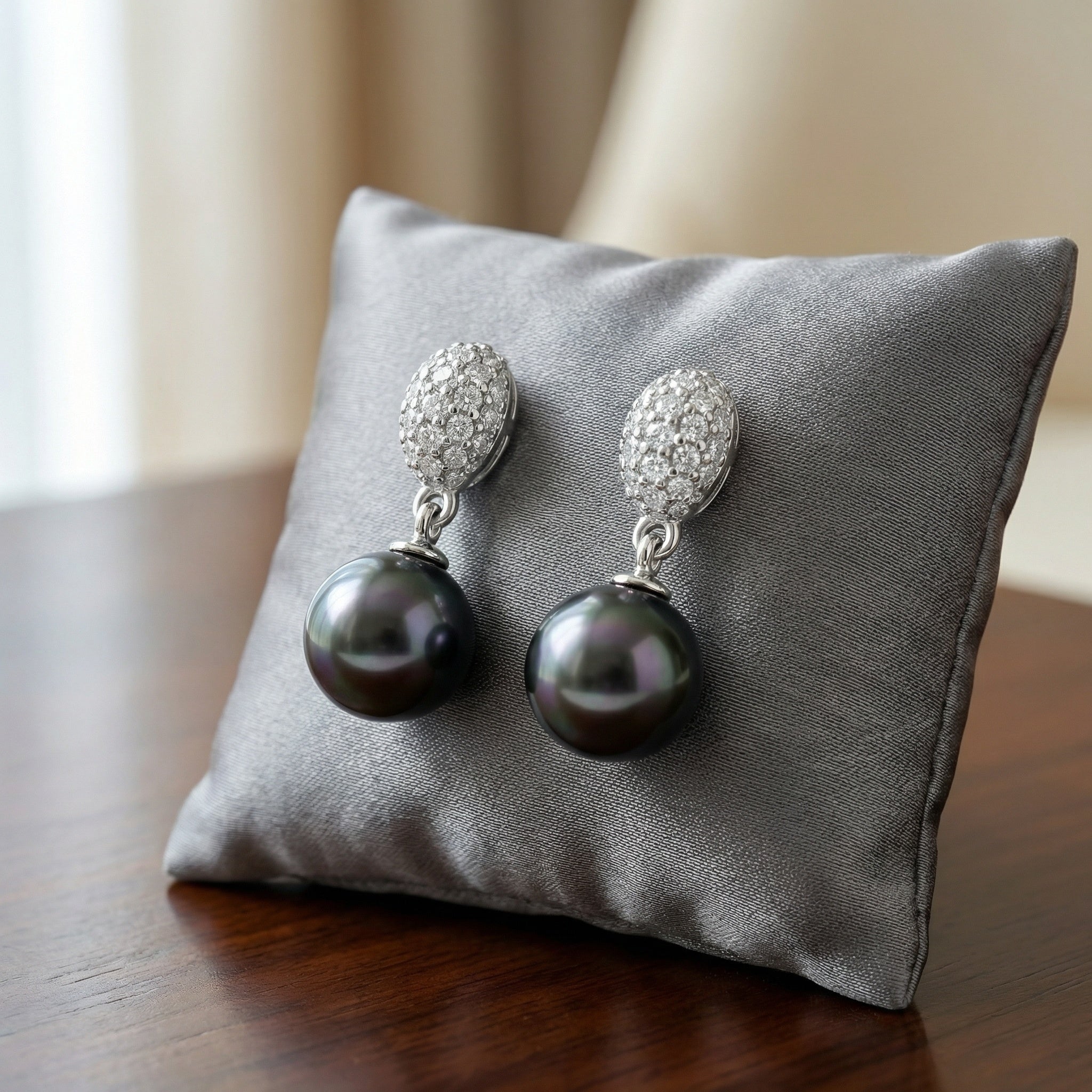 925 Sterling Silver Elegant Tahitian Cultured Pearl and Brilliant Diamond Pavé Drop Earrings