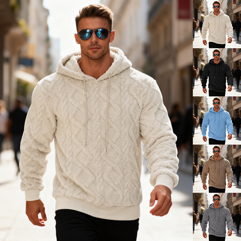 Plush Hooded Sweatshirt Winter Warm Long-sleeved Pullover Top Men's Casual Solid Color Fleece Hoodie Clothing