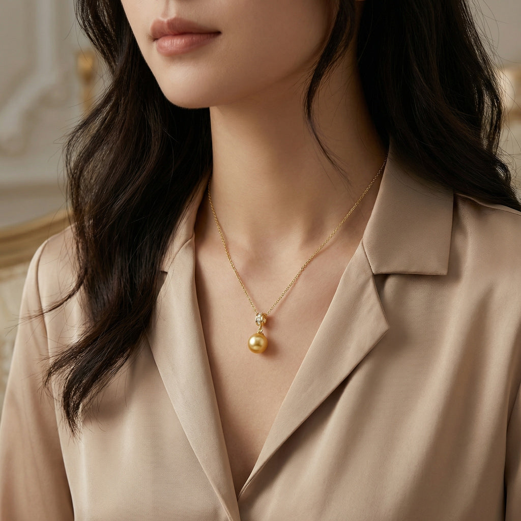 925 Sterling Silver Radiant Deep Honey Pearl Pendant Necklace With Brilliant Diamond Accents And Delicate Chain